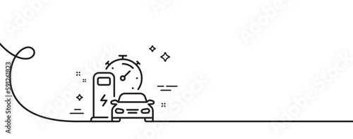 Charging station line icon. Continuous one line with curl. Car charge time sign. Electric power symbol. Charging station single outline ribbon. Loop curve pattern. Vector