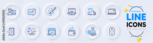 Market seller, Money and Electric guitar line icons for web app. Pack of Scroll down, Entrance, Success business pictogram icons. Wallet money, Sea mountains, Laptop signs. 24h service. Vector