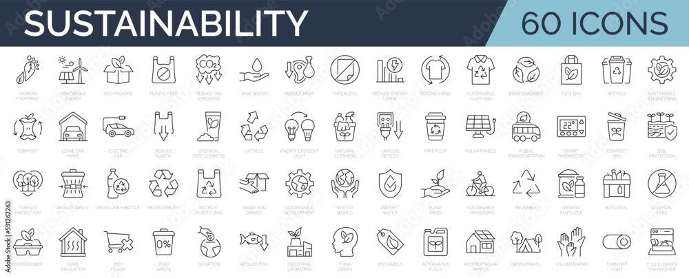 Set of 60 thin line icons related to sustainability, environmental, ecological, recyling, green, organic, industry. Linear ecology simple symbol collection.  vector illustration. Editable stroke - obrazy, fototapety, plakaty 
