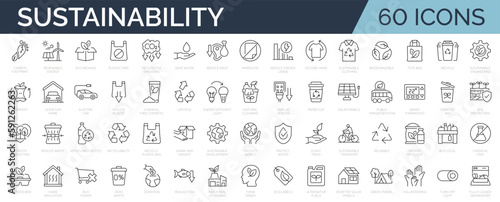 Set of 60 thin line icons related to sustainability, environmental, ecological, recyling, green, organic, industry. Linear ecology simple symbol collection. vector illustration. Editable stroke