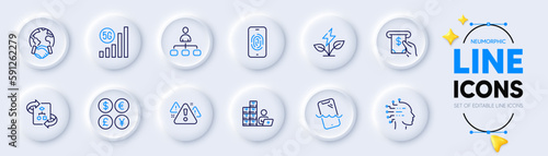 Fingerprint, Technical algorithm and Warning line icons for web app. Pack of Money currency, Global business, 5g wifi pictogram icons. Management, Atm service, Artificial intelligence signs. Vector