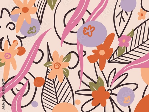 hand drawn bright floral background. simple carton wallpaper with flower and leaf © Anastasiia