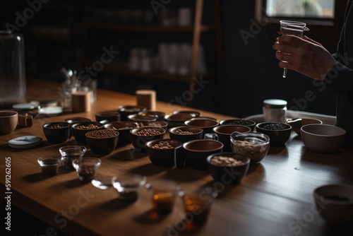 Coffee store owner arranging various coffee accessories, such as cups and saucers, on a wooden surface. Generative ai