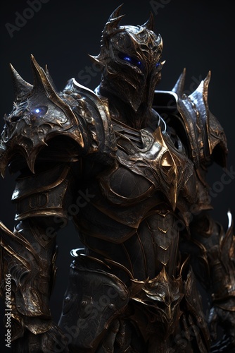 dark knight  with black armor  standing against a black background