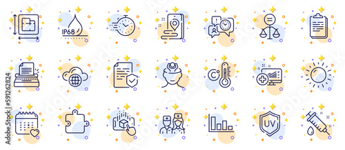 Outline set of Doctor, Typewriter and Medical analytics line icons for web app. Include Certificate, Timer, Healthcare calendar pictogram icons. Time management, Puzzle, Stress signs. Vector