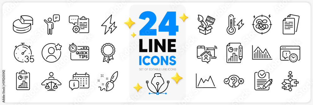 Icons set of Court judge, Timer and Work home line icons pack for app with Electricity, Success, Investment graph thin outline icon. Electricity power, Brush, Project deadline pictogram. Vector