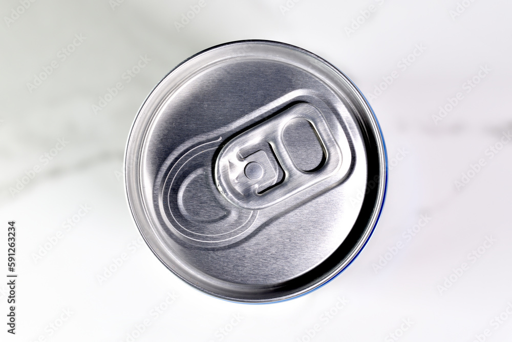Top view of aluminum can on white kitchen table Top view of aluminum can on white kitchen table