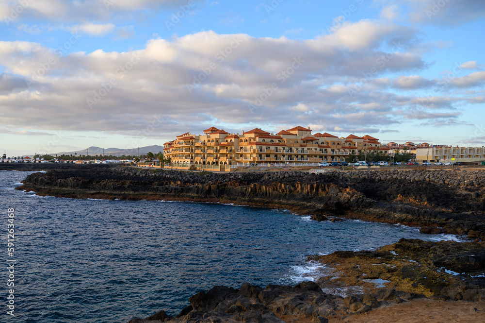 Winter vacation in sunny Caleta de Fuste touristic village on Fuerteventura, Canary islands, Spain Winter vacation in sunny Caleta de Fuste touristic village on Fuerteventura, Canary islands, Spain