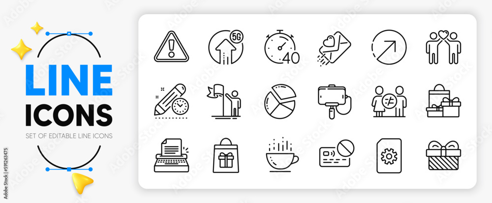 Typewriter, Pie chart and Project deadline line icons set for app include Card, Discrimination, Leadership outline thin icon. Holidays shopping, Coffee cup, File management pictogram icon. Vector