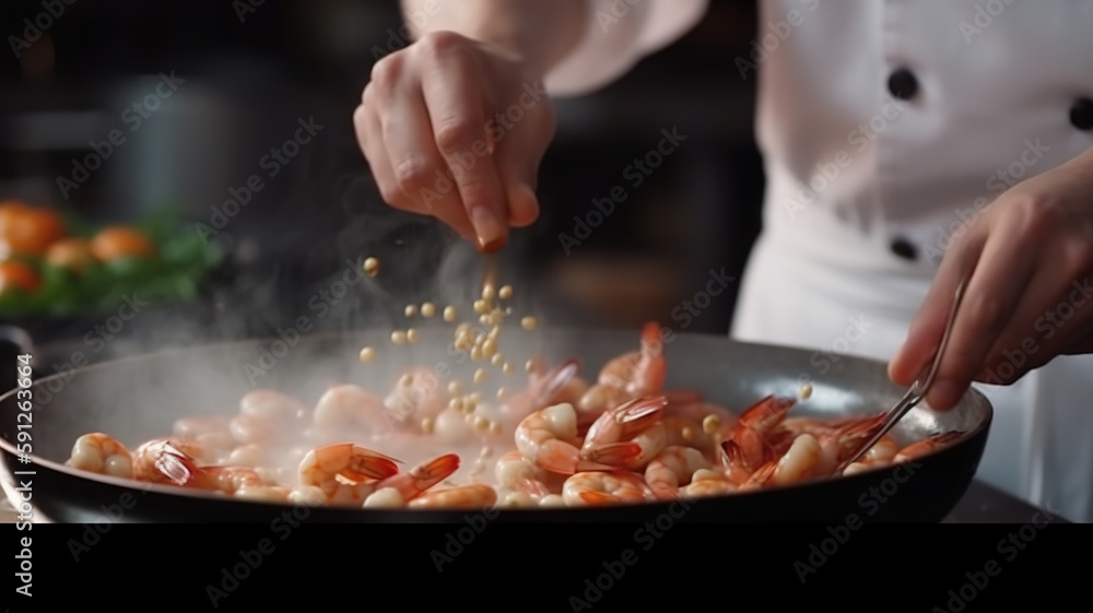 Chef prepares seafood shrimps on a frying pan, professional cook healthy food