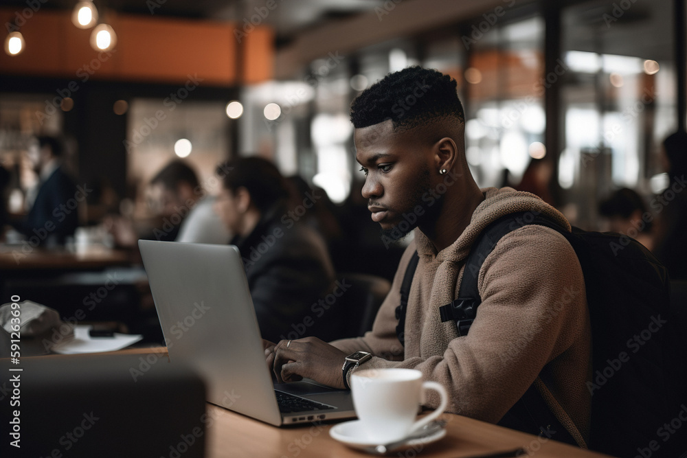 Young dark skinned man enjoying a cup of coffee in a coffee shop, while working on his laptop. Generative ai Young dark skinned man enjoying a cup of coffee in a coffee shop, while working on his laptop. Generative ai