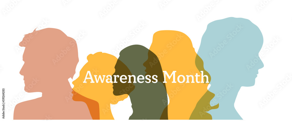Awareness Month banner with colorful silhouette womens and mens.	