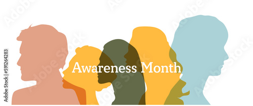 Awareness Month banner with colorful silhouette womens and mens.	