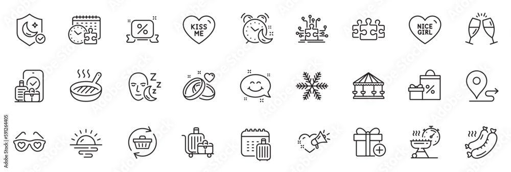 Icons pack as Puzzle, Journey and Add gift line icons for app include Love glasses, Puzzle time, Refresh cart outline thin icon web set. Baggage cart, Carousels, Grilled sausage pictogram. Vector Icons pack as Puzzle, Journey and Add gift line icons for app include Love glasses, Puzzle time, Refresh cart outline thin icon web set. Baggage cart, Carousels, Grilled sausage pictogram. Vector