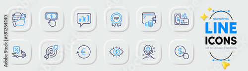 Exchange currency, Business vision and Payment click line icons for web app. Pack of Buy currency, Target, Wallet pictogram icons. Loyalty points, Card, Analytical chat signs. Vector