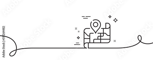 Map line icon. Continuous one line with curl. Place pin sign. Road trip symbol. Map single outline ribbon. Loop curve pattern. Vector