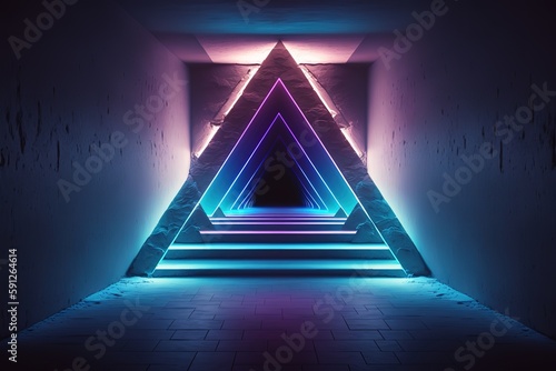 3D Pyramid tunnel with abstract neon light, Generative AI
