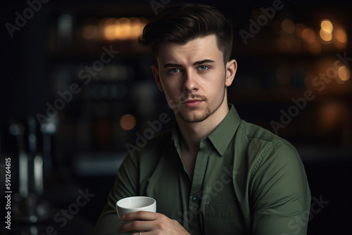 Young man enjoying a cup of coffee in a coffee shop. Generative ai