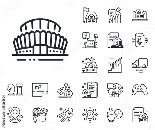 Arena sign. Floor plan, stairs and lounge room outline icons. Sports stadium line icon. Sport complex symbol. Sports stadium line sign. House mortgage, sell building icon. Real estate. Vector