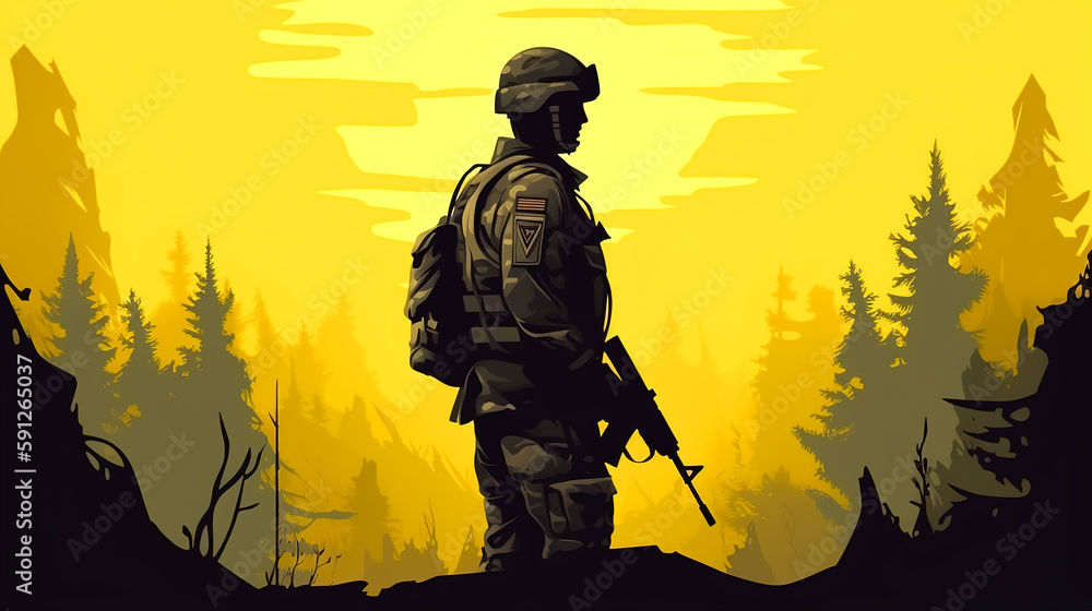 Fototapeta premium Military illustration, warrior with weapons, generative AI.