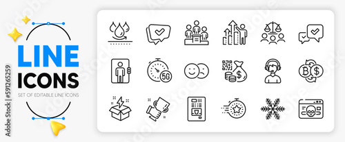 Approved, Business podium and 5g internet line icons set for app include Like, Approve, Timer outline thin icon. Elevator, Consultant, Qr code pictogram icon. Cyber attack, Waterproof. Vector