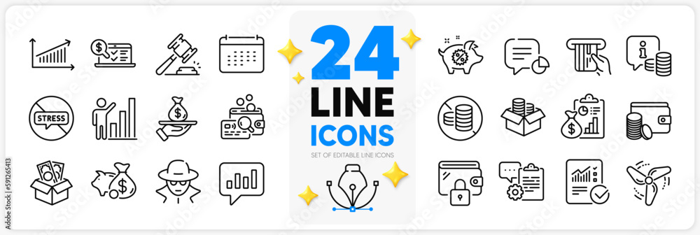 Icons set of No cash, Auction hammer and Wallet line icons pack for app with Checked calculation, Graph chart, Clipboard thin outline icon. Loan, Info, Stop stress pictogram. Calendar. Vector