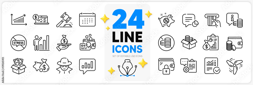 Icons set of No cash, Auction hammer and Wallet line icons pack for app with Checked calculation, Graph chart, Clipboard thin outline icon. Loan, Info, Stop stress pictogram. Calendar. Vector Icons set of No cash, Auction hammer and Wallet line icons pack for app with Checked calculation, Graph chart, Clipboard thin outline icon. Loan, Info, Stop stress pictogram. Calendar. Vector