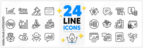 Icons set of No cash, Auction hammer and Wallet line icons pack for app with Checked calculation, Graph chart, Clipboard thin outline icon. Loan, Info, Stop stress pictogram. Calendar. Vector