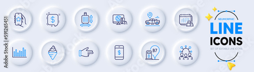 Squad, Delivery and Bar diagram line icons for web app. Pack of Baggage size, Diesel station, Smartphone payment pictogram icons. Car place, Favorite app, Click hand signs. Neumorphic buttons. Vector