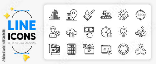 Inclusion, Roller coaster and Energy line icons set for app include Payment click, Idea, Remove account outline thin icon. Cloud sync, Tax calculator, Brush pictogram icon. Seo, Timer. Vector