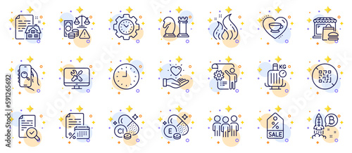Outline set of Fraud, Vitamin e and Search app line icons for web app. Include Bitcoin project, Calendar tax, Love coffee pictogram icons. Food market, Settings blueprint, Group signs. Vector