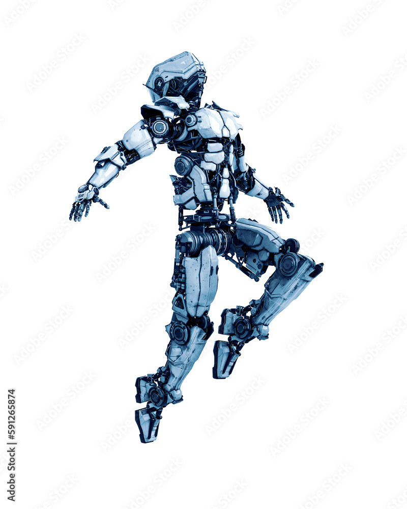 mega robot is jumping for freadom in white background