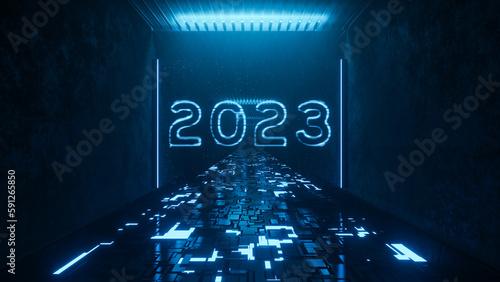 Tunnel with vibrant neon fl...