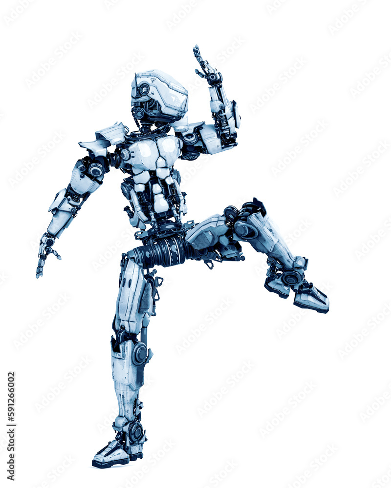 mega robotin is doing some kung fu fighting on white background top view mega robotin is doing some kung fu fighting on white background top view
