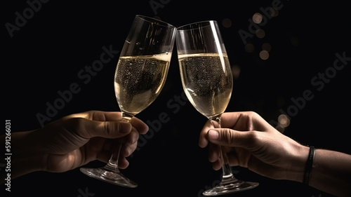 Two glasses with sparkling champagne wine, Celebration toast on a black background