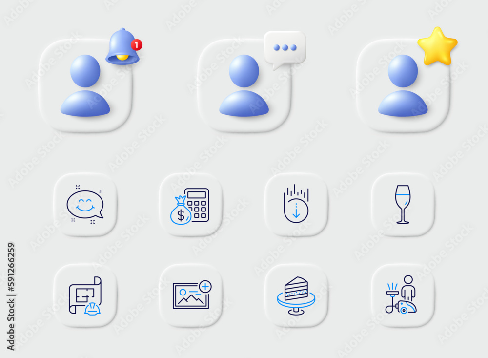 Cake, Add photo and Engineering plan line icons. Placeholder with 3d star, reminder bell, chat. Pack of Cleaning, Finance calculator, Wineglass icon. Smile chat, Scroll down pictogram. Vector Cake, Add photo and Engineering plan line icons. Placeholder with 3d star, reminder bell, chat. Pack of Cleaning, Finance calculator, Wineglass icon. Smile chat, Scroll down pictogram. Vector