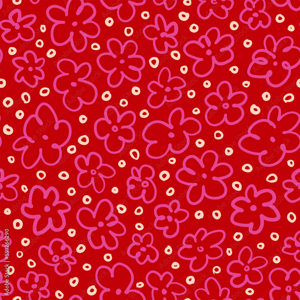 Hand drawn floral seamless repeat pattern. Random placed, vector flowers with circles all over surface print on vivid magenta background. Hand drawn floral seamless repeat pattern. Random placed, vector flowers with circles all over surface print on vivid magenta background.