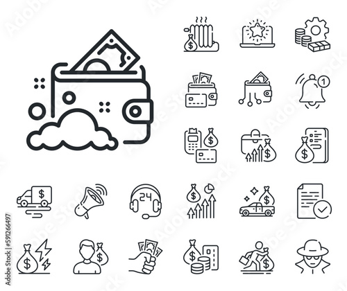 Cash corruption sign. Cash money, loan and mortgage outline icons. Launder money line icon. Tax avoidance symbol. Launder money line sign. Credit card, crypto wallet icon. Vector