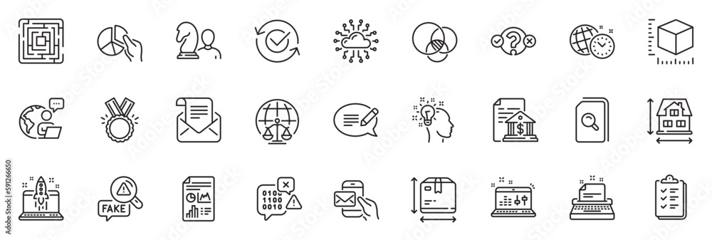 Icons pack as Pie chart, Honor and Bank document line icons for app include  Idea, Package