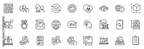 Icons pack as Pie chart, Honor and Bank document line icons for app include Idea, Package size, Fake news outline thin icon web set. Binary code, Messenger mail, Start business pictogram. Vector