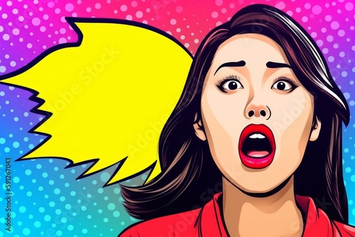 Colorful Pop Art Asian Woman Shouts with Vivid Lips, Generative AI