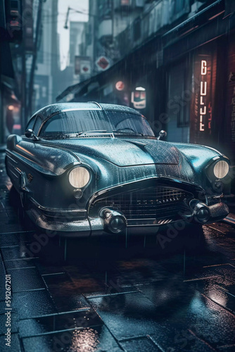 Retro futuristic car in 50s style on the street in the rain, Generative AI