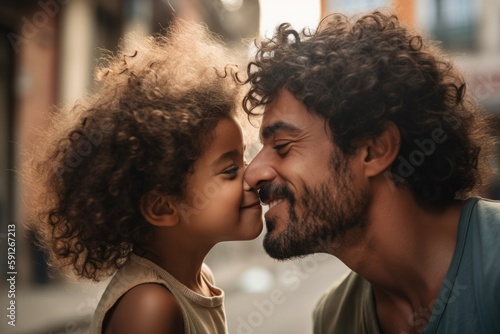 Handsome young father is kissing his cute little girl. Both are happy on Father's day.generative ai.