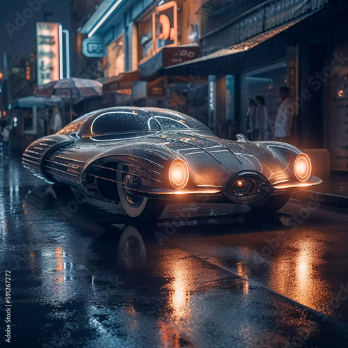 Retro futuristic car in 50s style on the street in the rain  Generative AI