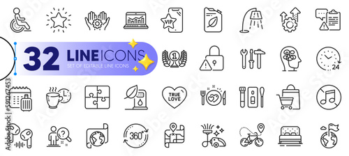 Outline set of Bike delivery, True love and Vip phone line icons for web with Rank star, Seo gear, Stress thin icon. Covid test, Laureate award, 24 hours pictogram icon. Petrol station. Vector