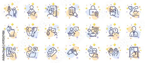 Outline set of Flight mode, Love and Electronic thermometer line icons for web app. Include Medical tablet, Strong arm, Patient pictogram icons. Clapping hands, Touchscreen gesture. Vector