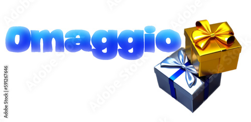 Omaggio - giveaway written in Italian with gift packs - blue color - for website, email, presentation, postcard, book, t-shirt, sweatshirt, label, sticker, book, printable -
