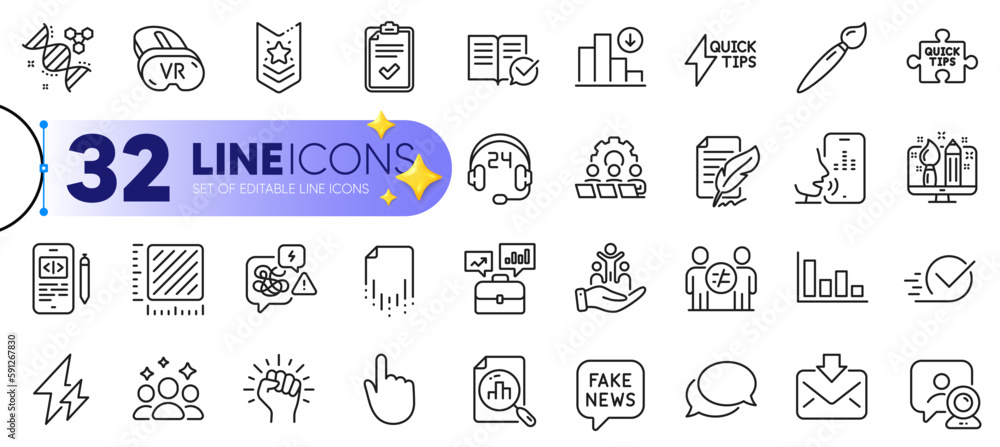 Outline set of Business portfolio, Checklist and Brush line icons for web with Inclusion, Empower, Discrimination thin icon. Vr, Decreasing graph, Quick tips pictogram icon. Phone code. Vector