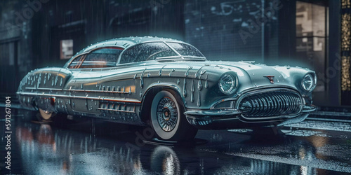 Retro futuristic car in 50s style on the street in the rain  Generative AI