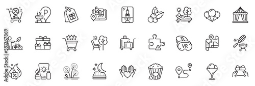 Icons pack as Ice cream, Gps and Crane claw machine line icons for app include Lounger, Eco bike, Journey outline thin icon web set. Puzzle, Fireworks, Map pictogram. Mattress. Vector